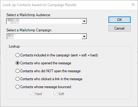 The Look up Contacts based on Campaign Results window